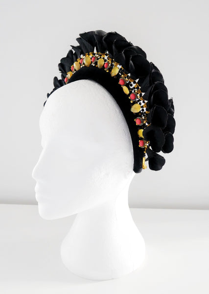 Lulie Beaded Embellished Flower Black Velvet Headband