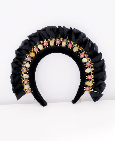 Lulie Beaded Embellished Flower Black Velvet Headband