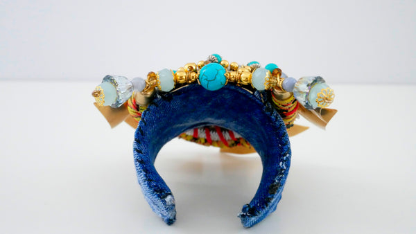 Mbali Multi-Beaded, Swarovski Crystal, Turquoise And Brass Plated Fan Cuff Bracelet