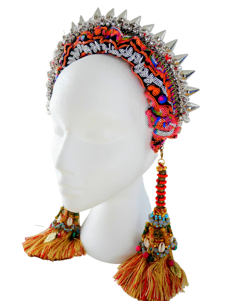 Ndidi Studded and Beaded Embellished Headband with Detachable Tassel Earrings