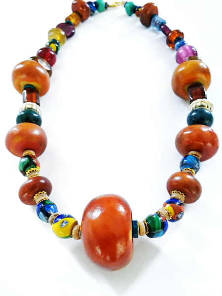 Ningrum Moroccan Copal Amber, Chrysocolla and Multi-Colour Murano Glass Beaded Necklace 
