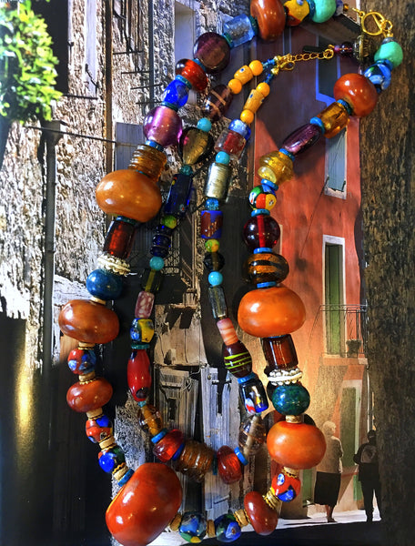 Ningrum Moroccan Copal Amber, Chrysocolla and Multi-Colour Murano Glass Beaded Necklace