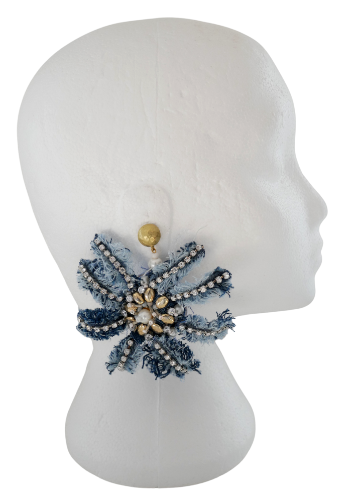 Noyin Crystal-Embellished Distressed Denim Oversized Bloom Earrings