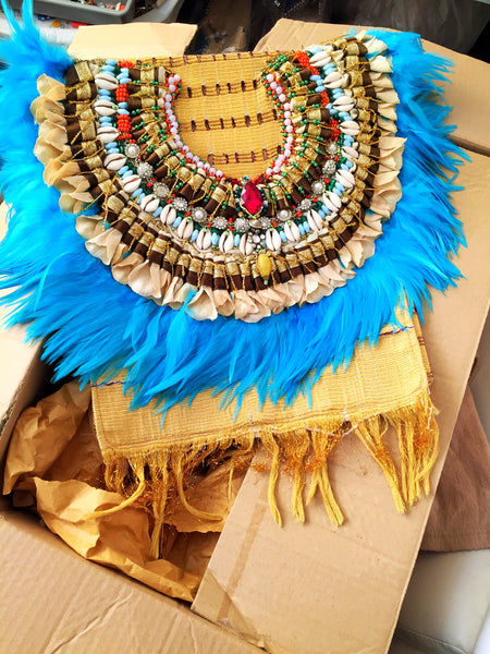 Odette Beaded Shell and Petal-Embellished Aso-Oke Fringed Feather Shoulder Bag