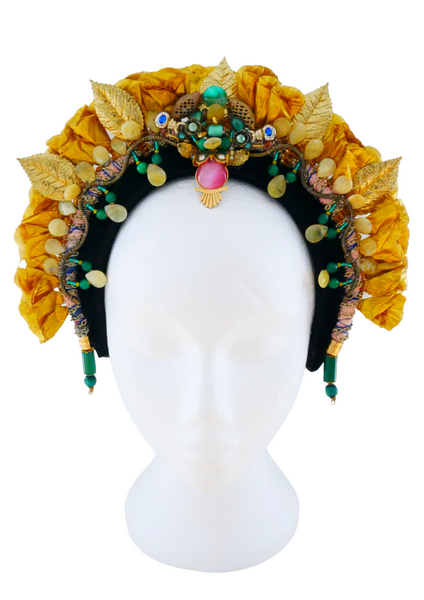 Okankan  Gemstone-Embellished Gold Flower Petals Headpiece with Detachable  Earrings
