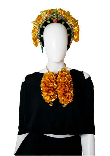 Okankan  Gemstone-Embellished Gold Flower Petals Headpiece with Detachable  Earrings
