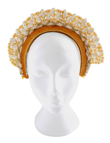 Ottilia Embellished Brass And Faux Pearl Beige Velvet Headband
