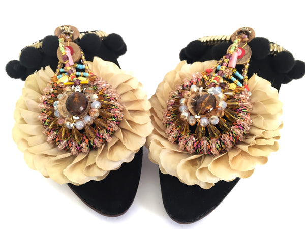 Ovia Embellished Beaded Silk Petals Suede Leather Mules