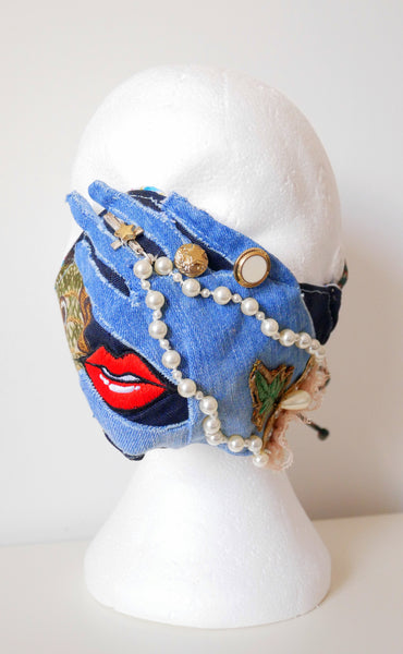 Reusable, Washable, Beaded and Embellished Rosary Denim Face Mask