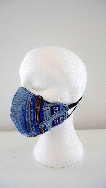 Reusable, Washable, Distressed Patchwork Denim Face Mask With Filter Pockets