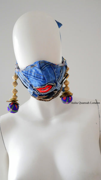 Reusable, Washable, Distressed, Belted Face Mask With Detachable Earrings 