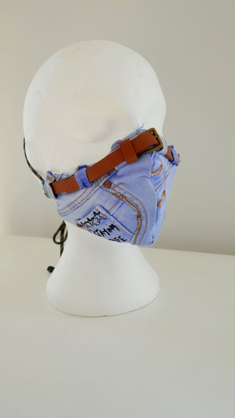 Reusable, Washable, Distressed, Denim Face Mask With Belt Detail And Filter Pocket