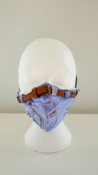 Reusable, Washable, Distressed, Denim Face Mask With Belt Detail And Filter Pocket