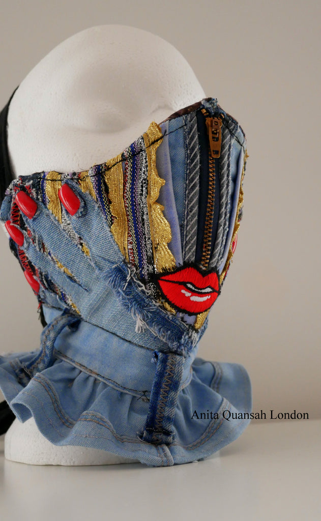 Reusable, Washable, I Look And Wonder, Denim Face Mask With Red Lips