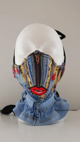 Reusable, Washable, I Look And Wonder, Denim Face Mask With Red Lips