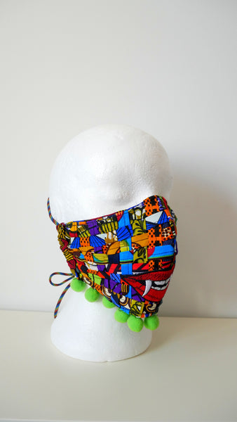 Reusable, Washable, Don't Bite Me, Mixed-Print, Weave Face Mask, With Pom-Poms