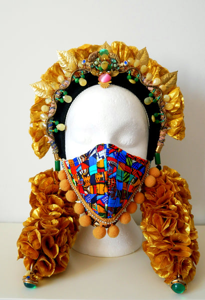 Reusable, Washable, Mixed-Print, Weave Face Mask, With Pom-Poms And Rhinestones