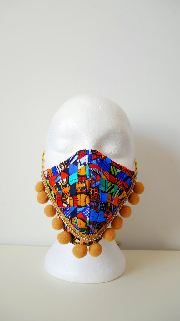 Reusable, Washable, Mixed-Print, Weave Face Mask, With Pom-Poms And Rhinestones