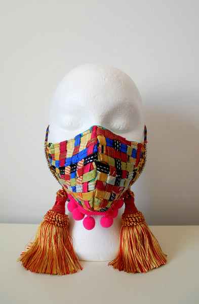 Reusable, Washable, Mixed Textile Print, Weave Face Mask, With Tassels