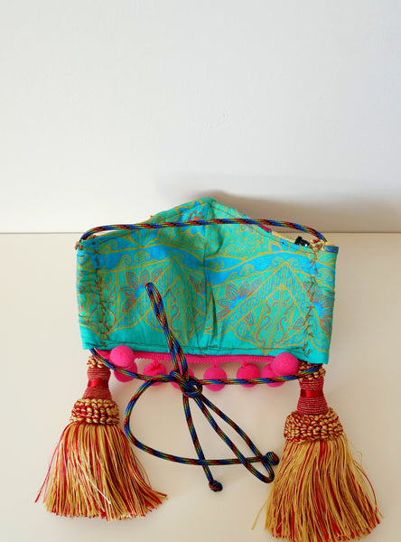 Reusable, Washable, Mixed-Print,Weave Face Mask, With Pom-Poms And Tassels
