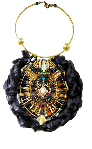 Rilda  Multi Glass-Beaded and Swarovski Crystal Embellished Metal  Pendant Bib Necklace with Black Flower Petals.