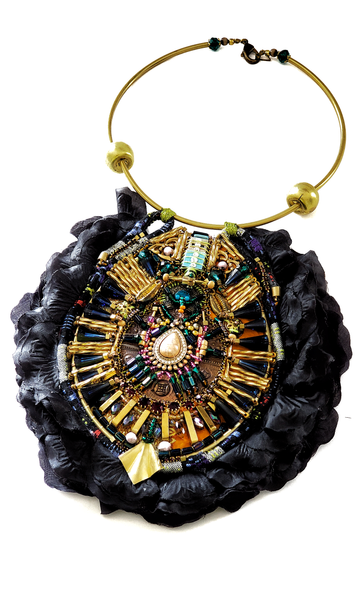 Rilda  Multi Glass-Beaded and Swarovski Crystal Embellished Metal  Pendant Bib Necklace with Black Flower Petals.