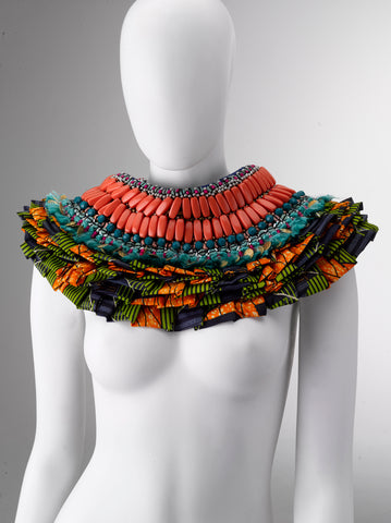 Salma Bead-Embellished African Print Ruffle Neckpiece
