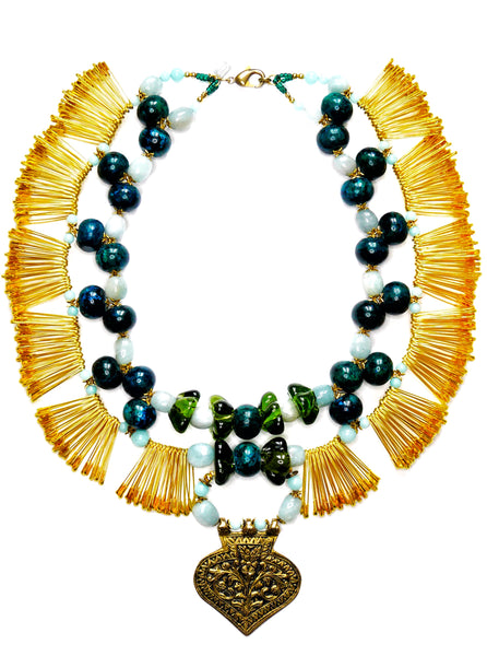 Sansa Chrysocolla Aquamarine and Amazonite, Gold-Tone Safety Pin Embellished Necklace