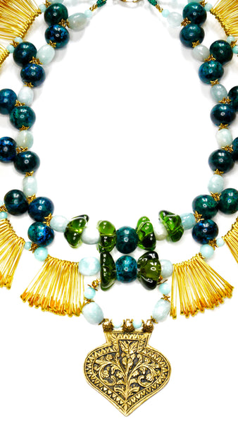 Sansa Chrysocolla Aquamarine and Amazonite, Gold-Tone Safety Pin Embellished Necklace