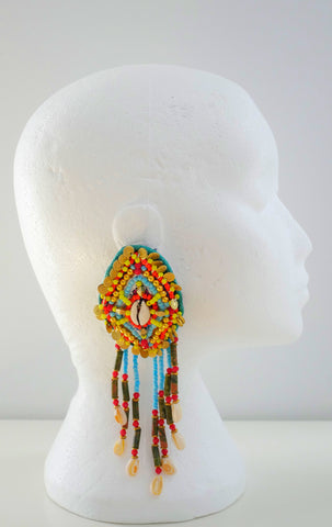 Selene Multi-Beaded Embellished Shell And Jasper Fringe Clip-On Earrings