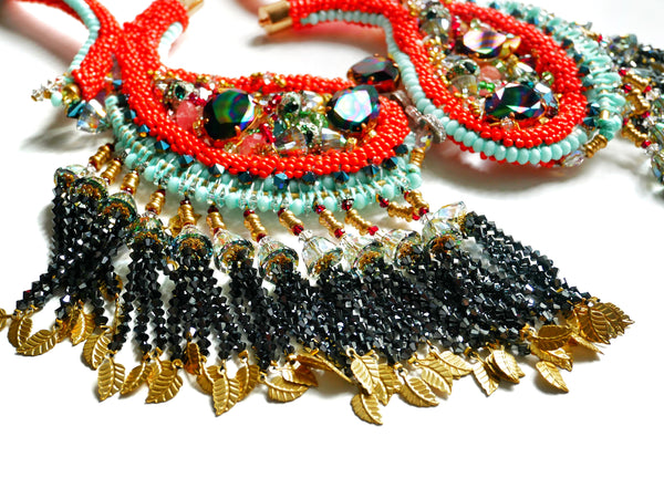 Shira Paisley Embellished Swarovski Crystals And Mixed Gemstone Tassel Statement Necklace