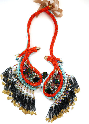Shira Paisley Embellished Swarovski Crystals And Mixed Gemstone Tassel Statement Necklace