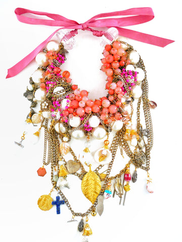 Sophia, Multi-Stone Embellished Chain Charm And Shell Statement Necklace