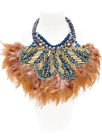 Tou Multi Beaded Brass Statement Feather Necklace