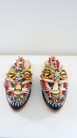 Uzoamaka Embellished Beaded Studded Leather And Raffia Mask Slippers