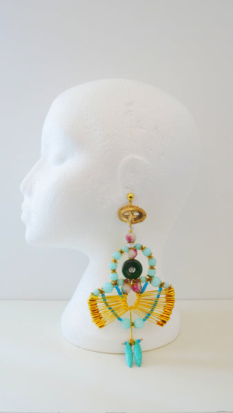 Viva Gemstone-Embellished Lava Rock Drop Earrings with Brass Mask Pendants 