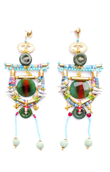 Viva Gemstone-Embellished Lava Rock Drop Earrings with Brass Mask Pendants