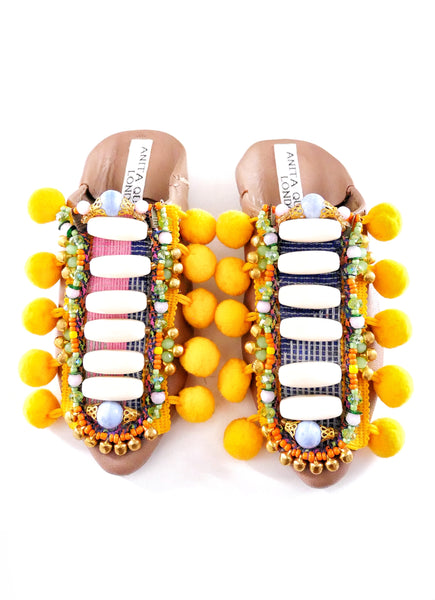 Willa Beaded And Pom-poms Embellished Leather Kids Mules