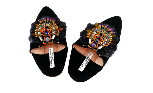 Yazmin Embellished Silk Petal Suede Slippers By Anita Quansah London