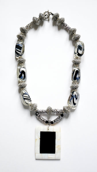 Zebra Motif Resin Beaded, Tibetan Silver and Mother of Pearl Necklace 