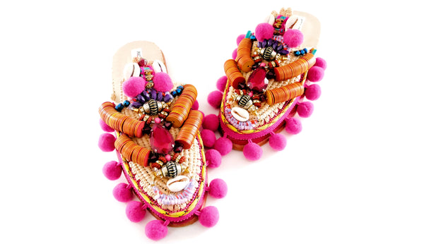 Zuly Embellished Raffia And Leather Pom-Pom Slippers