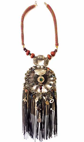 Fanaka Beaded Embellished Moroccan Amulet Tassel Necklace