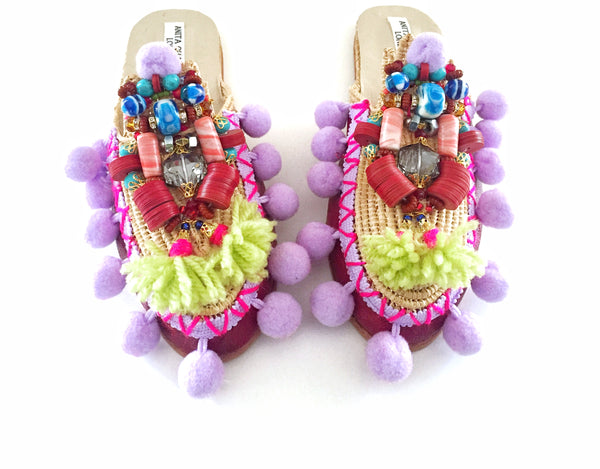 Poppy Beaded Embellished Leather Raffia Tassel And Pom-Pom Slippers By Anita Quansah London