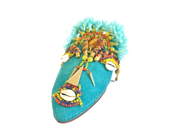 Keely Embellished Mask Crystal Tassel Blue Suede Leather Mules By Anita Quansah London