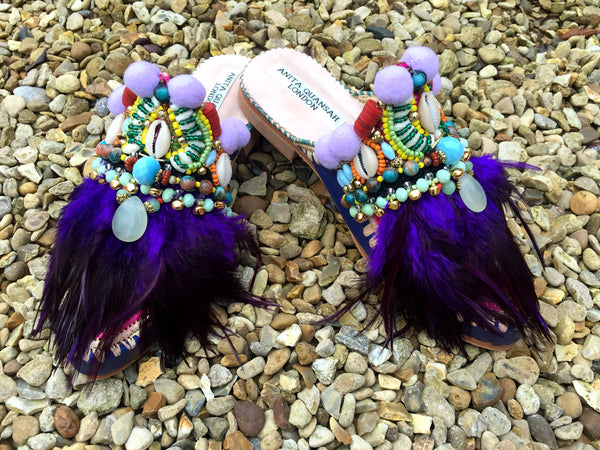 Aislin Embellished Feather Leather And Raffia Slippers By Anita Quansah London