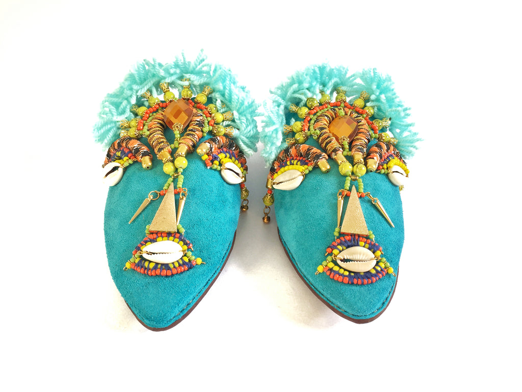 Keely Embellished Mask Crystal Tassel Blue Suede Leather Mules By Anita Quansah London