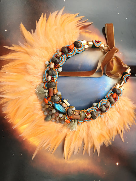 Eydis Multi-Beaded Jasper Labradorite and Agate Embellished Feather Collar Necklace