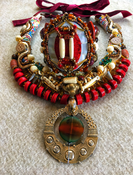 Elok Bead, Crystal, Agate and Bone Bead Embellished Rustic Brass Tuareg Pendant Necklace