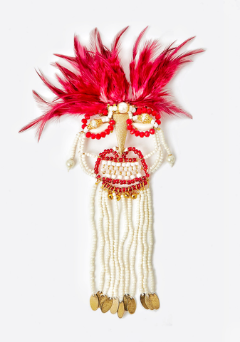 Ifenkili Beaded Red Crystal and Red Feather African Mask Hair Comb Sculpture