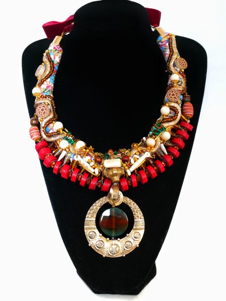 Elok Bead, Crystal, Agate and Bone Bead Embellished Rustic Brass Tuareg Pendant Necklace